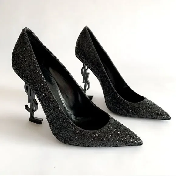 YSL SAINT LAURENT Opium Glitter Heels Pumps Sparkle Designer Black …